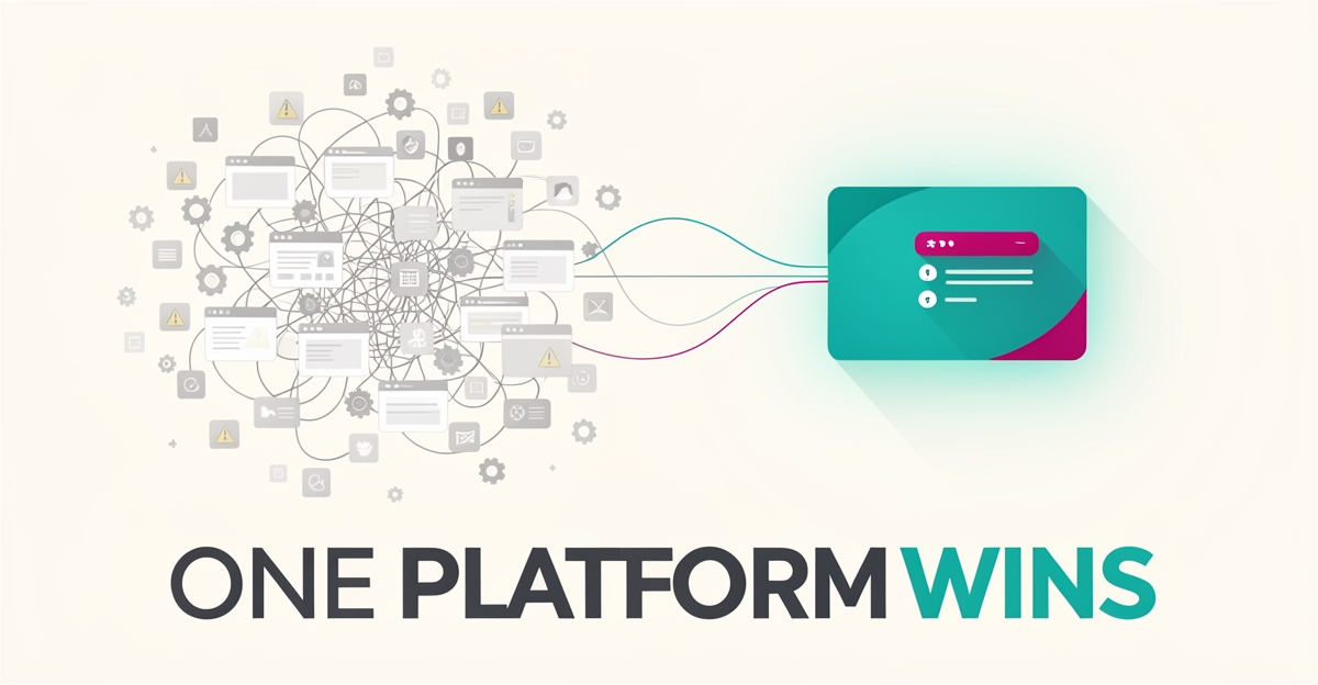 Flat illustration contrasting a tangled patchwork of scattered software apps with one unified teal and magenta all-in-one business platform.