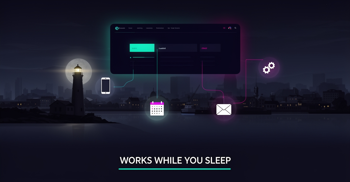 Flat illustration of an automated website glowing over a nighttime Halifax skyline, with icons for calls, scheduling, and content connected by teal and magenta lines.