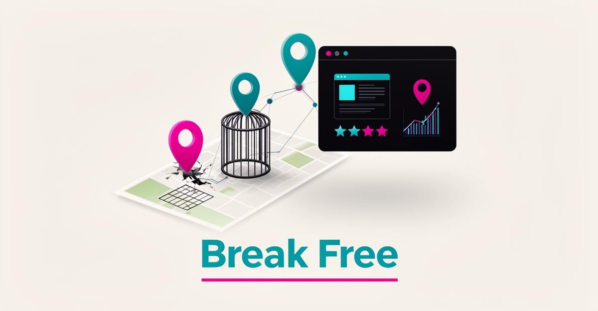 Flat illustration of location markers breaking out of a restrictive grid into one unified digital platform, accented in teal and magenta with the headline Break Free.
