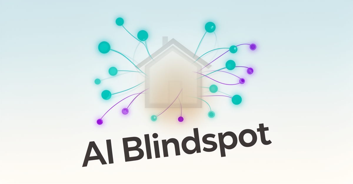 Abstract illustration showing a fading house icon amidst glowing AI data streams, symbolizing a remodeling business invisible to artificial intelligence.