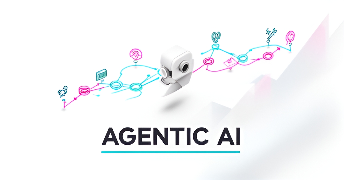 Flat illustration of an autonomous AI agent node connected to task and tool icons, with a bold Agentic AI headline.