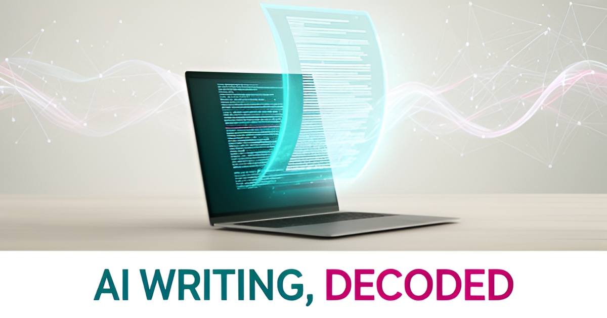 Flat illustration of a laptop with an AI-polished document and neural network accents in teal and magenta, headlined AI Writing Decoded.