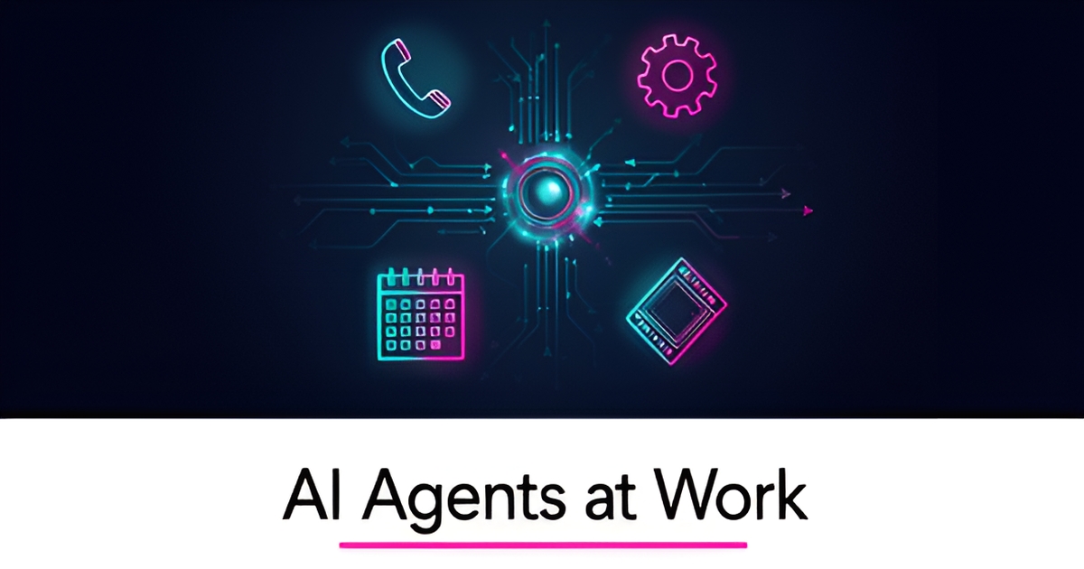 Flat illustration of an AI agent node connected to phone, calendar, and tool icons with teal and magenta accents, headlined 'AI Agents at Work'.