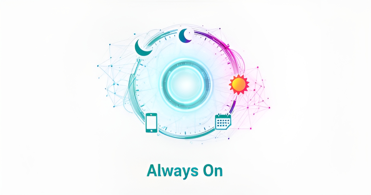 Flat illustration of a glowing AI hub with a 24/7 clock, orbiting nodes, and teal and magenta accents symbolizing persistent always-on AI agents.