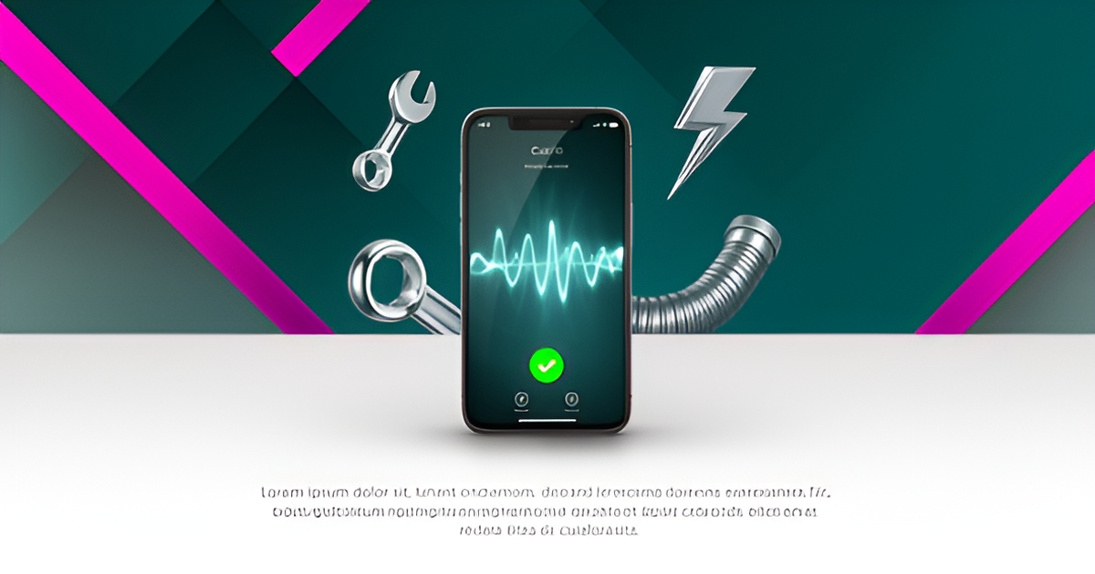 Flat illustration of a smartphone with AI call interface surrounded by HVAC, plumbing and electrical trade icons in teal and magenta.