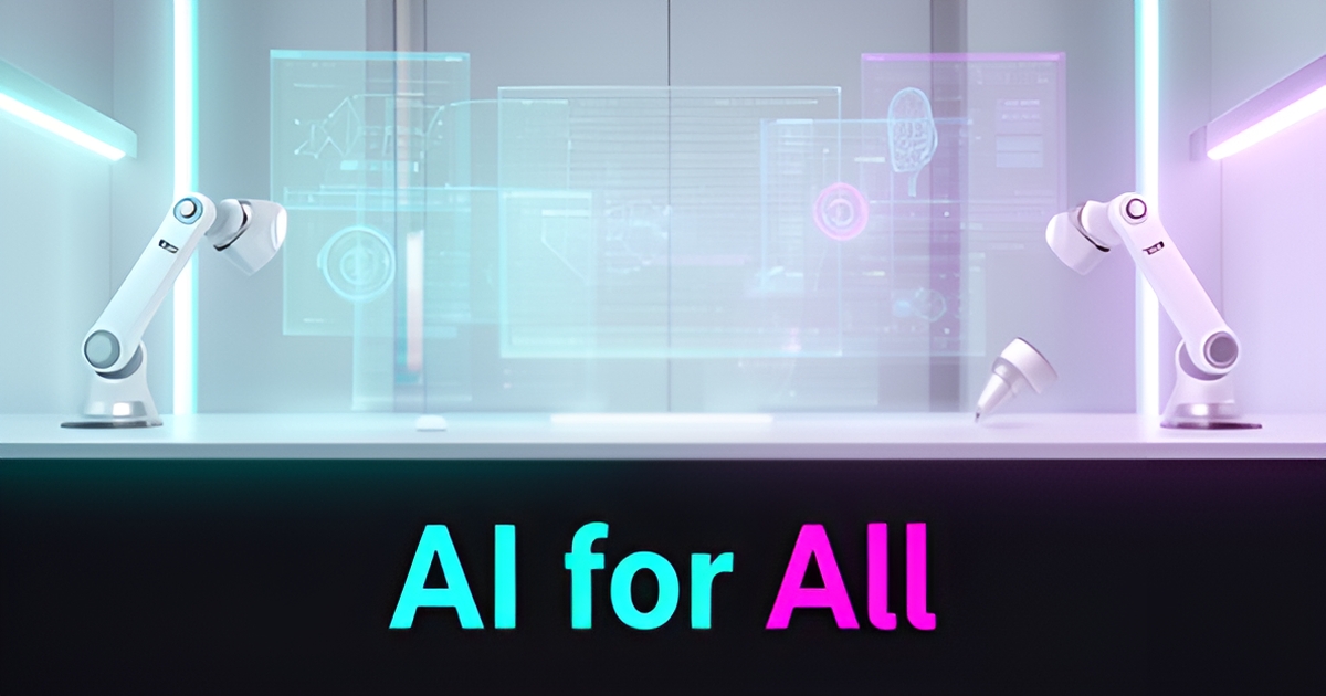 A futuristic workspace with AI-powered tools and robotic elements, representing innovative technology for small businesses.