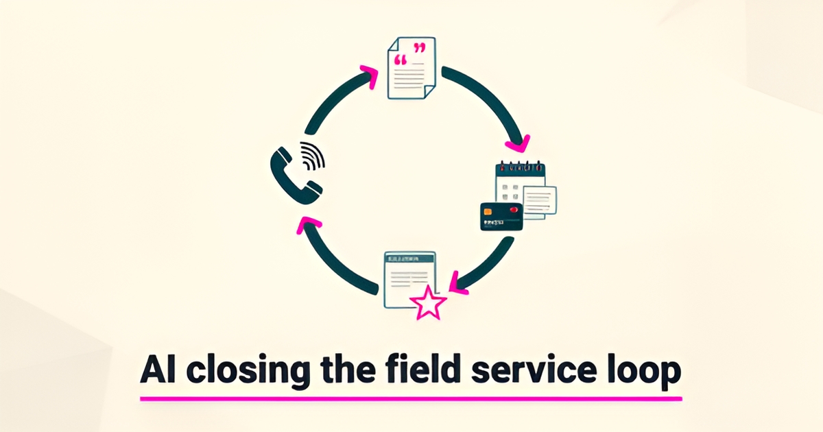 Flat illustration of a circular AI workflow connecting phone, quote, invoice, payment, and review icons in teal and magenta.