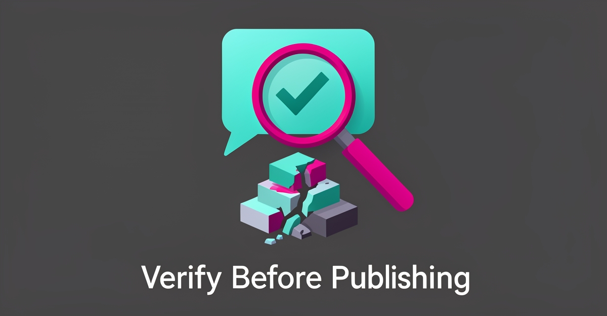 Flat illustration of a confident AI chat icon over a crumbling fact foundation inspected by a magnifying glass, symbolizing AI-generated answers needing verification.