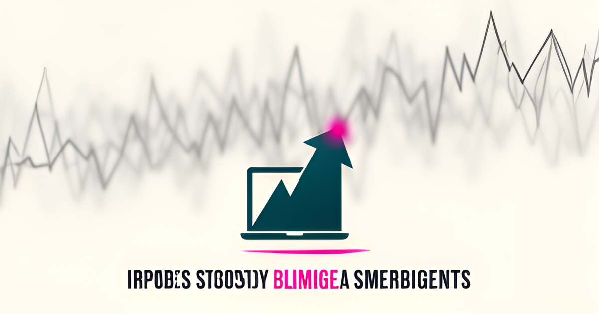 Flat illustration of a steady teal growth arrow rising in front of a wobbling gray stock chart with magenta accents and headline text.
