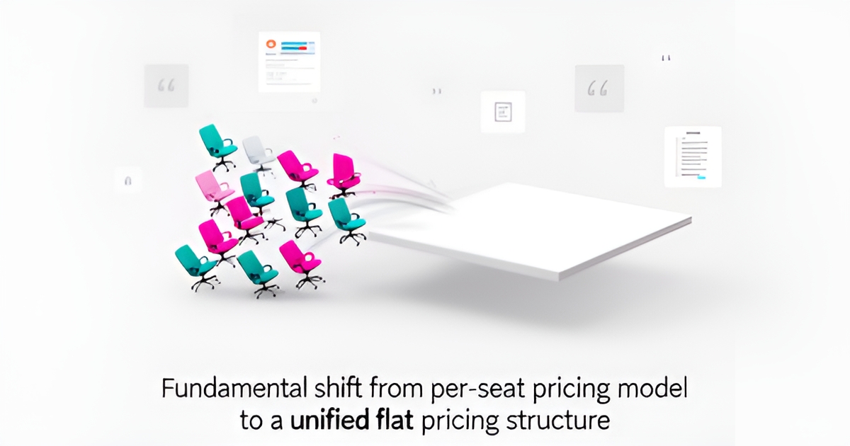 Flat illustration of stacked seats being replaced by one flat platform, symbolizing the move from per-seat to flat pricing.
