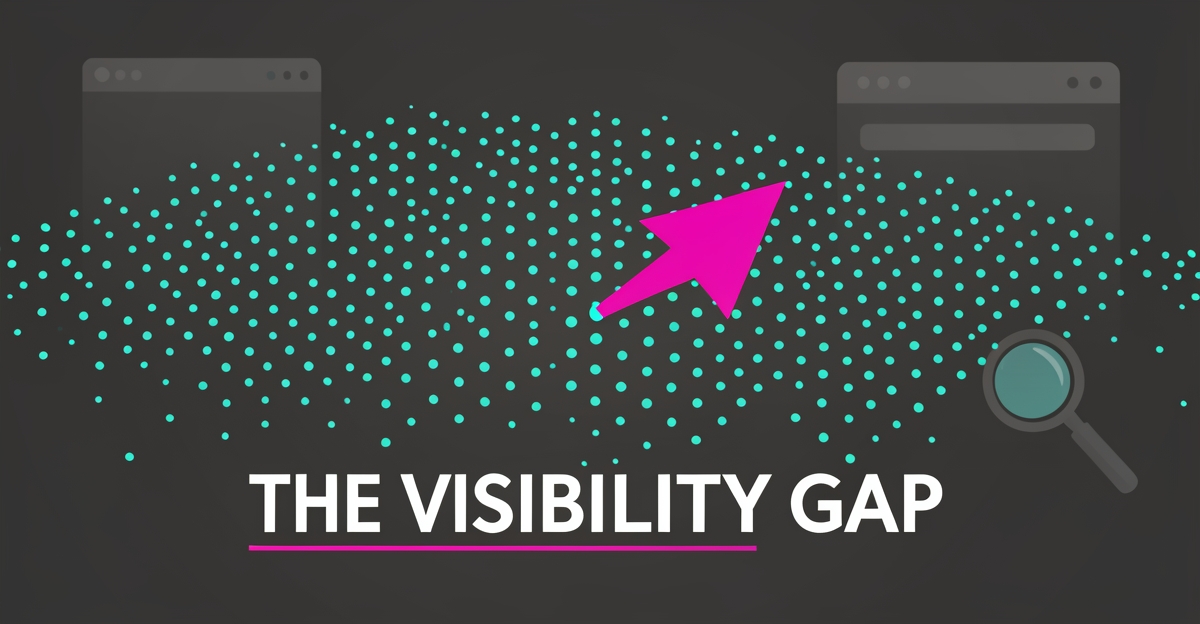 Flat illustration of thousands of glowing teal impression dots with one magenta click, visualizing the gap between website visibility and actual clicks.