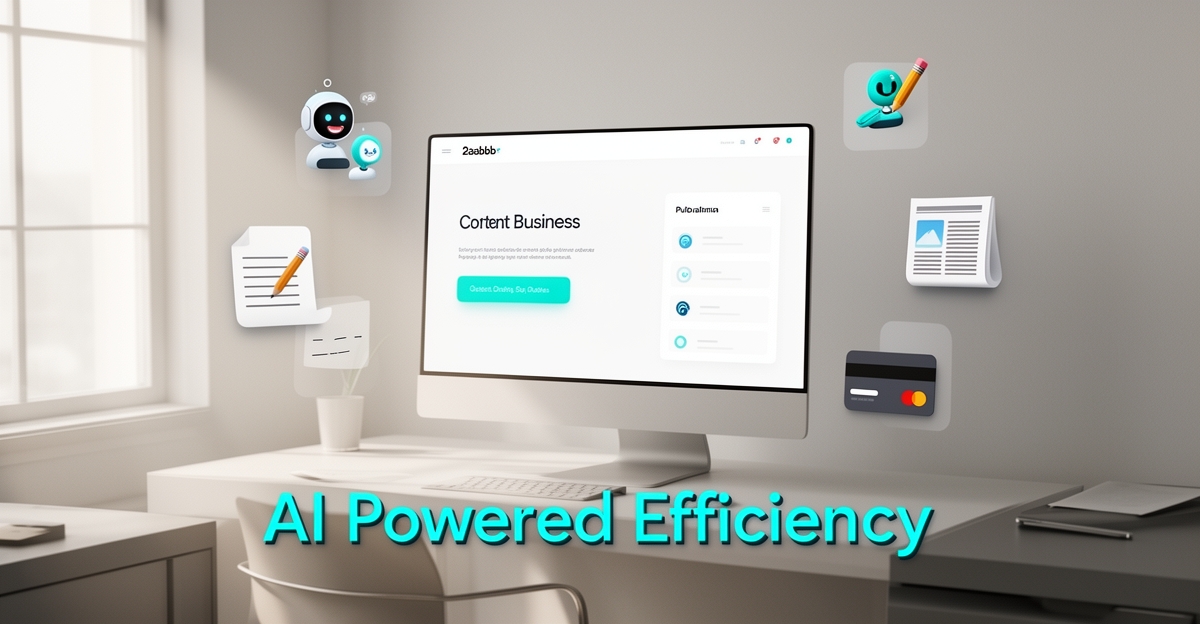 An illustration of a modern small business back office with AI-powered tools and a website on a large screen.