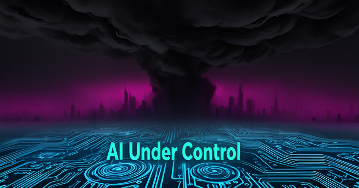 A stylized illustration of a cityscape with a ominous cloud and a glowing blue circuit board, representing AI risks and controls.