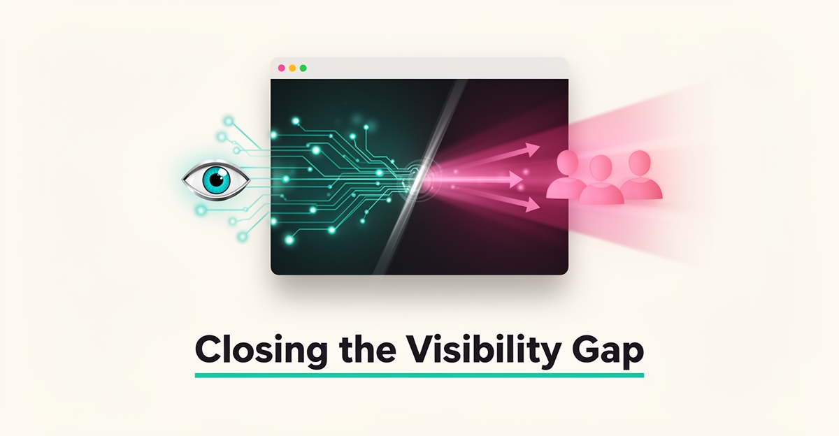 Flat illustration of a website bridging AI data connections and human engagement, with 'Close the Gap' headline below.