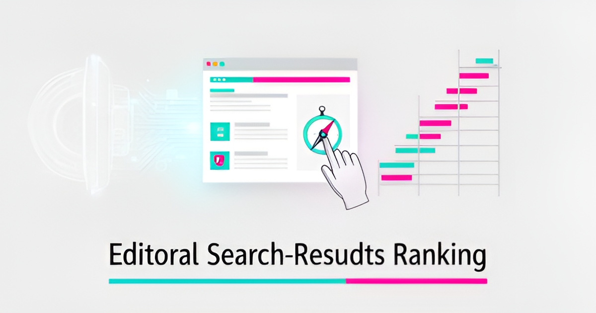 Flat illustration of an AI-built website structure guided by strategic human direction toward higher search rankings, accented in teal and magenta.